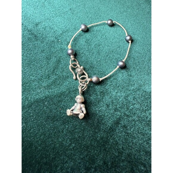 Kids Bracelet Sterling Silver With Pearls & sitting Baby Doll Charm Vintage